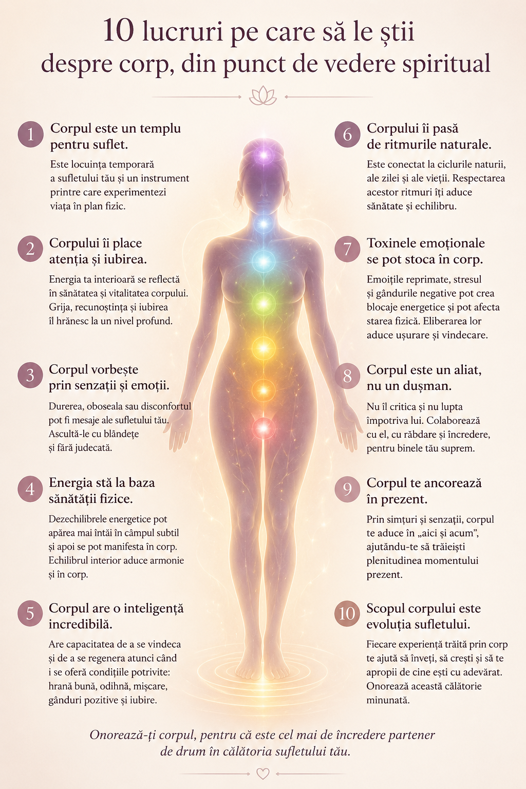 Reprezentare simbolică a corpului uman din perspectivă spirituală, cu centre energetice și lumină, sugerând legătura dintre corp, emoții, energie și conștientizare.